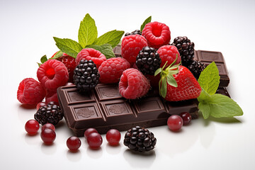 Chocolate bars and berries on white background.