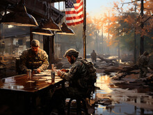 Veterans At Small-Town Diner With American Flags