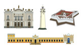 Fototapeta Londyn - Vector set of famous places in the city of Natal, Rio Grande do Norte, Brazil. This set contains a theater, the Mother Luiza's Lighthouse , a famous  fortress and a Tourism Center of the city