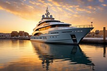 Luxury Yacht Docked In A Harbor. Generative AI