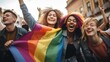 © Space_Background - close up Group of young activist for lgbt rights with rainbow flag, lesbian, rainbow, freedom, diversity, bisexual, gay, celebration, community