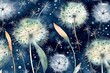 Watercolor illustration featuring white dandelions on a dark-blue pattern, abstract background. Generative AI