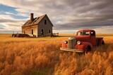 Fototapeta  - Old red barn and deserted truck in a prairie farmyard in Saskatchewan. Generative AI