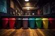 A row of colorful colored plastic trash cans. Generative AI