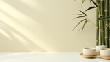 Fototapeta Sypialnia - Asian tea set with two white cups, teapot, bamboo mat, and dry green tea on white background