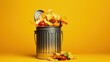 Metal trash can with leftover food isolated on a yellow background. Generative AI