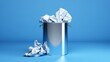 Metallic trash can with crumpled paper isolated on a blue background. Generative AI