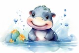 Fototapeta Dinusie - Watercolor Drawing of a happy Hippo playing in the water Generative Ai