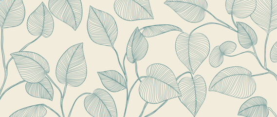 Wall Mural - abstract botanical background with hand drawn tropical leaves in line art style. vector banner with 
