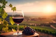 A glass of red wine, rich in color and aroma, held up against a backdrop of a vineyard with rolling hills and rows of grapevines. Ai Generated.NO.01