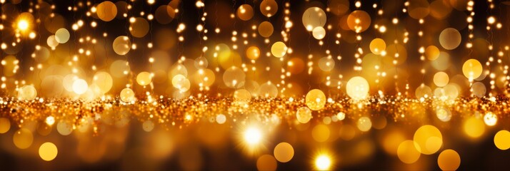 Wall Mural - Golden Holiday Abstract. Christmas Glittering Gold Bokeh with Blurred Lights and Garland on Black Background