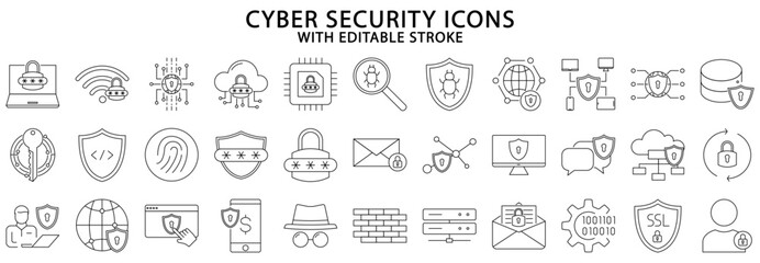 Cyber security icons. Cyber security icon set. Cyber security line icons. Vector illustration. Editable stroke.
