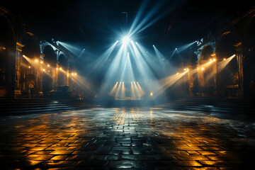 An empty stage club with blue and yellow bright stage lights and lights beams through a smokey atmosphere background