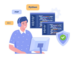 Wall Mural - web development. programming languages. css, html, it, ui. programmer cartoon character developing w