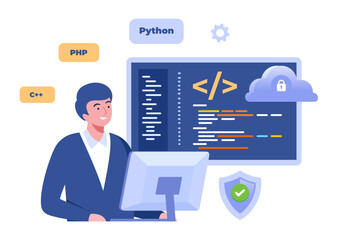 Wall Mural - web development. programming languages. css, html, it, ui. programmer cartoon character developing w