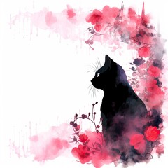 Poster - Cat silhouette among watercolor roses frame borders clipart