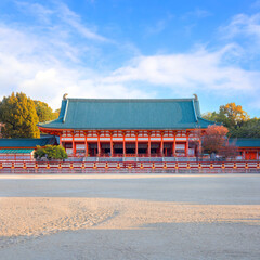 Kyoto, Japan - April 2 2023: Heian Shrine built on the occasion of 1100th anniversary of the capital's foundation in Kyoto, dedicated to the spirits of the first and last emperors who reigned the city