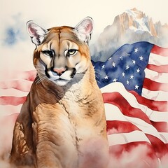 Wall Mural - Watercolor Mountain Lion Portrait with USA Flag