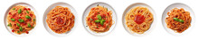 Spaghetti With Sauce In A White Plates Isolated On Transparent Background, Top View