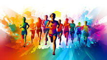 Marathon Running Race, People Silhouettes On Colorful Background.