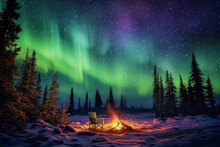Aurora Borealis, Northern Lights Over Bonfire In Winter Forest.