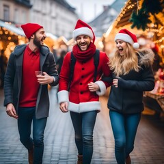 Wall Mural - group of people in christmas hats,  santa claus hat celebrating Christmas eve together 