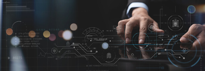 engineer programmer using digital tablet with cyber security network and computer code on virtual sc