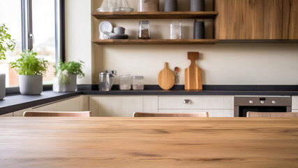 Poster - Empty wooden table in modern kitchen interior for montage product display. High quality photo