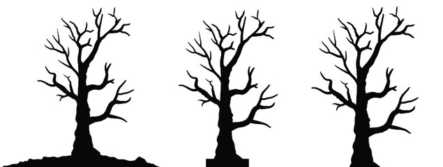silhouette of dead tree vector illustration. silhouette of trees and branches without leaves. Bare Tree silhouette. Black Branch Tree vector. silhouette of a bare tree.