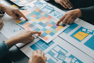 ux Graphic designer creative sketch planning application process development prototype wireframe for web mobile phone . User experience concept.