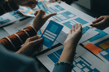 ux Graphic designer creative sketch planning application process development prototype wireframe for web mobile phone . User experience concept.