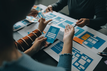 ux Graphic designer creative sketch planning application process development prototype wireframe for web mobile phone . User experience concept.