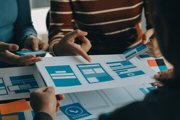 ux Graphic designer creative sketch planning application process development prototype wireframe for web mobile phone . User experience concept.