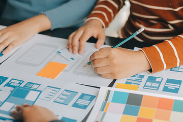 ux Graphic designer creative sketch planning application process development prototype wireframe for web mobile phone . User experience concept.
