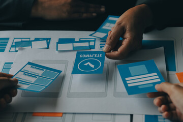 ux Graphic designer creative sketch planning application process development prototype wireframe for web mobile phone . User experience concept.