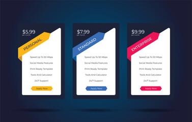 Wall Mural - Pricing table design template for websites, Pricing table design, Hosting table banner
