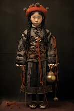 Manchurian Chinese Girl, Full Body, Round Cap, Long Braid.