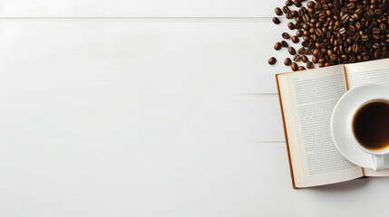 Wall Mural - Hot coffee on white background, reading idea Relaxing view at leisure. For art texture, presentation design or web design and web background. Generative ai