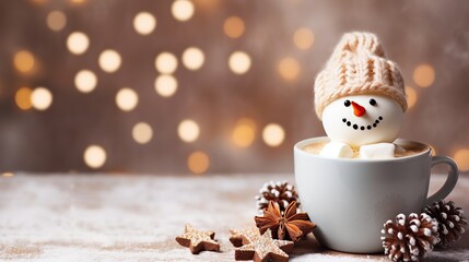 Snowman in a cup of hot chocolate drink, christmas food art