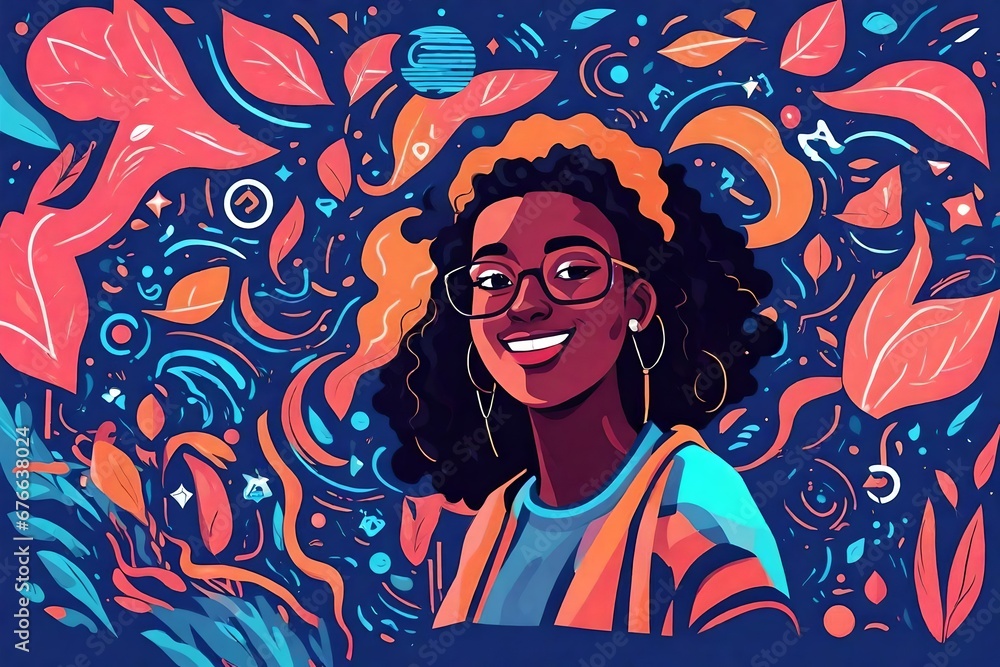 cartoon illustration of a black african american woman smiling using neon colors