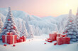© DailyStock - Wonderland Winter Village: Landscape with Pine Trees, Christmas Decorations, Gift Boxes, Red Balls, and Garlands. Christmas Trees Adorned with Red Garlands in a Snowy Forest at Sunrise