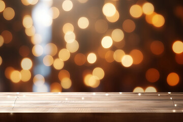 Wall Mural - Christmas Lights Garland on Empty Wooden Table for Product Display. Blurred Lights and Bokeh Night Background. Copy Space for Christmas or New Year Banners or Posters.