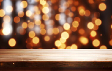 Wall Mural - Christmas Lights Garland on Empty Wooden Table for Product Display. Blurred Lights and Bokeh Night Background. Copy Space for Christmas or New Year Banners or Posters.