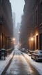In a snow-covered alley on a winter day, snowflakes gently fall from the sky, creating a picturesque scene. Generative AI