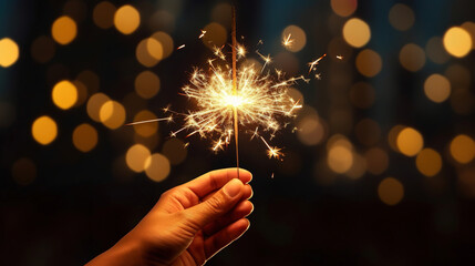 Hand Holding Burning Sparkler Blast on Black Bokeh Background at Night: Holiday Celebration Event Party. Background, Postcard, Invitation for New Year or Celebration. Copy Space.