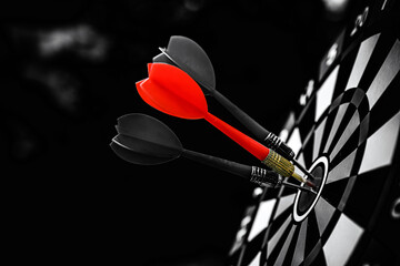 Wall Mural - Bullseye or Bulls eye target or dartboard has red dart arrow throw hitting the center of a shooting for financial business targeting planning and aim to winner goal of business concept.