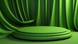 © Hayden West - Green podium background fabric product curtain cloth cosmetic display 3D premium stand. Luxury podium pedestal studio background green presentation abstract fashion scene backdrop dark nature stage