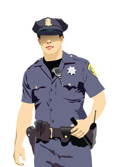 Wall Mural - Policeman with walkie-talkie radio. Vector