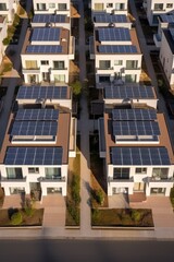 Wall Mural - Eco-friendly apartment buildings with solar panels on roofs surrounded by autumn trees. Apartment buildings with environmentally friendly large batteries on rooftops on edge of multi-colored trees