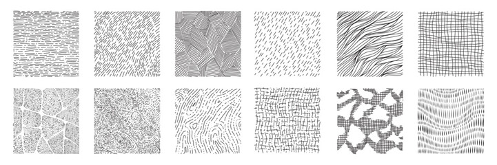 hand drawn hatching line texture set. crosshatch, wood, rain, stippling. freehand stroke doodle shap